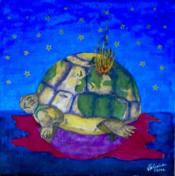 2022 03 05 la tortue prend feu sous un ciel etoile acrilique 1