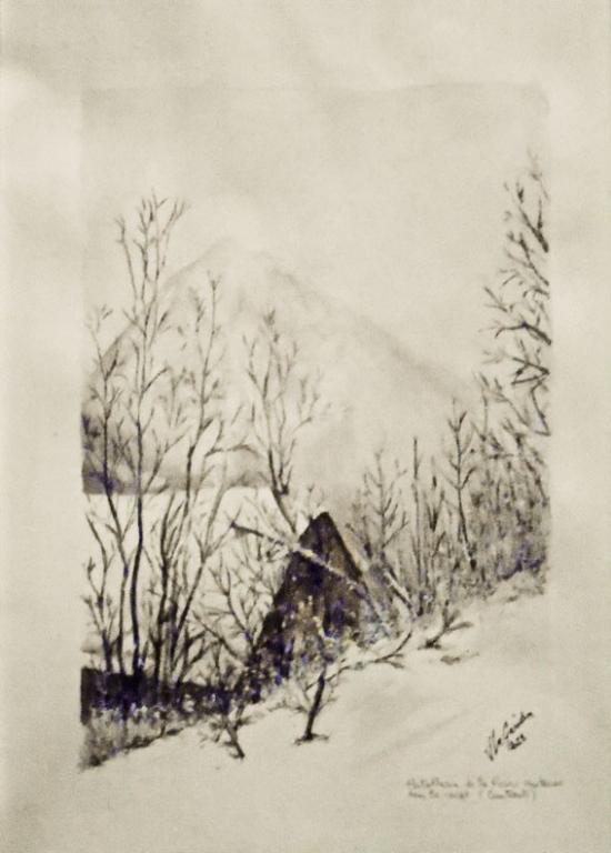 2023 02 11 hotellerie de le reine hortense sous la neige cauterets aquarelle